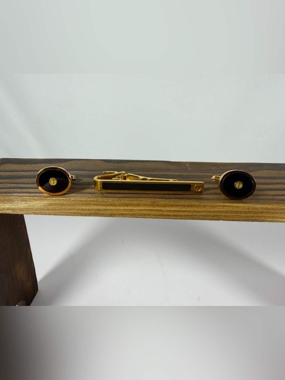 9042: Dunhill Gold-Tone Black Enamel Cufflinks & Tie Bar Set Vintage